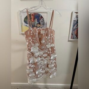 Floral Embroidered Mini Dress - White and Tan